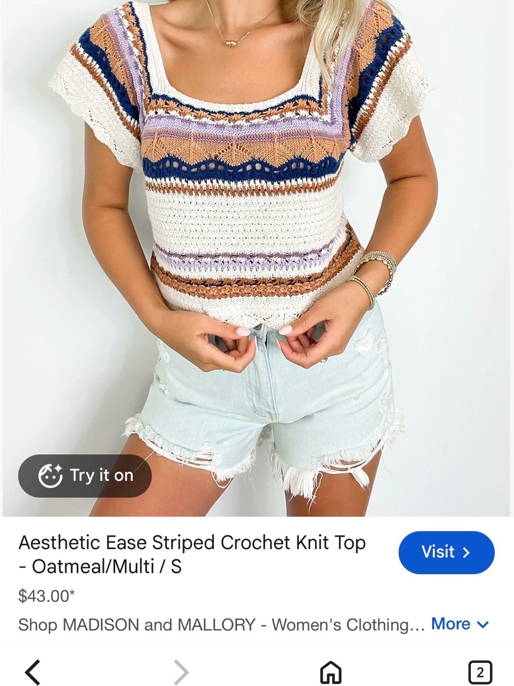 Crochet Square-Neck Stripe Knit Top in Cream and Navy